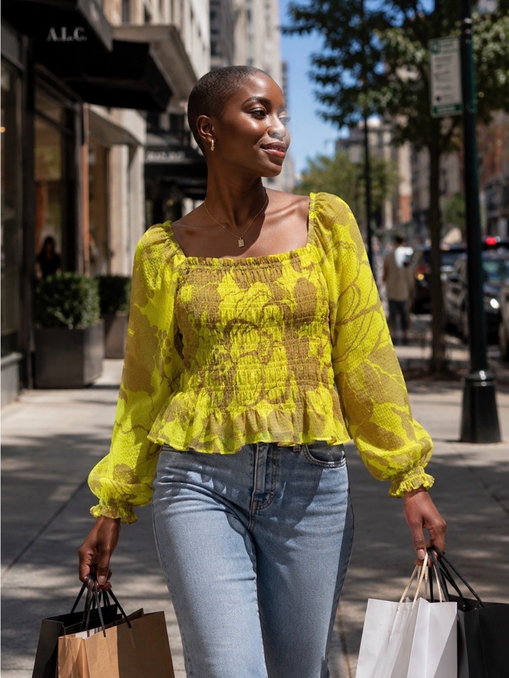 Floral Smocked Peasant Blouse in Yellow and Brown